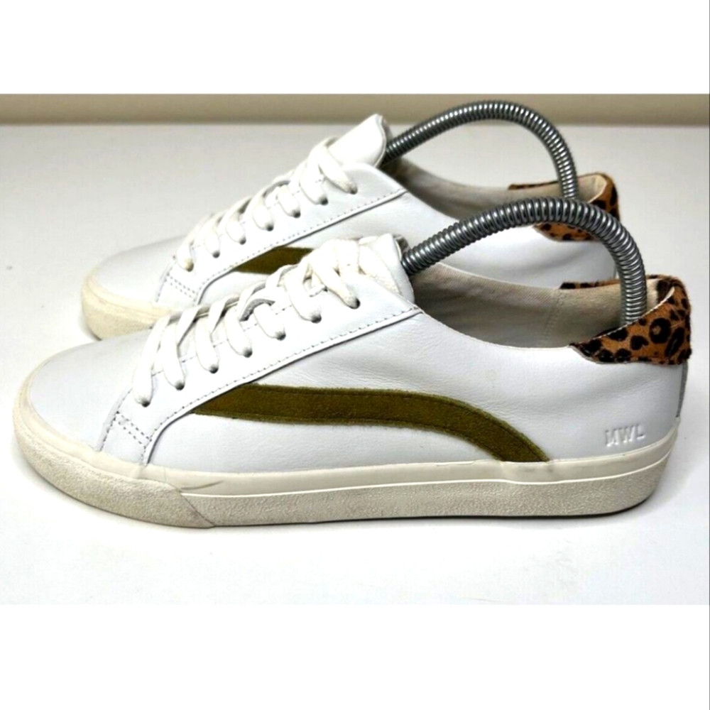 Madewell Sidewalk Sneakers White Leather Low Top Leopard Calf Hair EUC 8.5